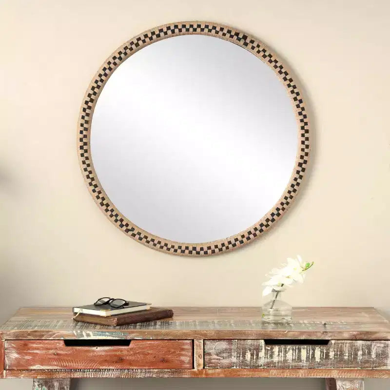 Miroir Mural Carreaux Tressés en Bois Fait Main Marron