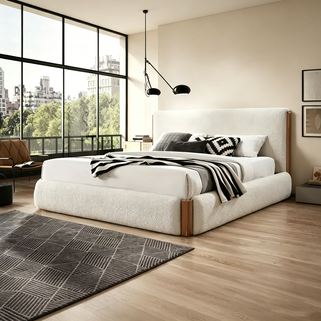 Lit Boucle Blanc Noyer Rembourrage Lin