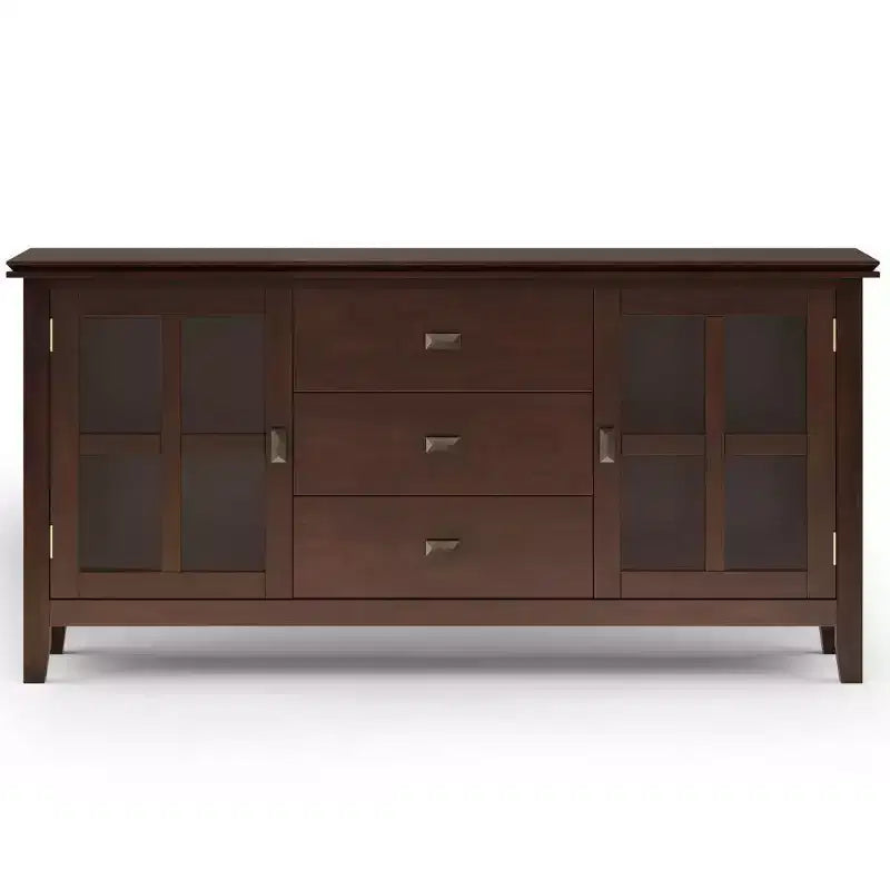 Grand buffet en bois massif roux, 3 tiroirs, 2 placards