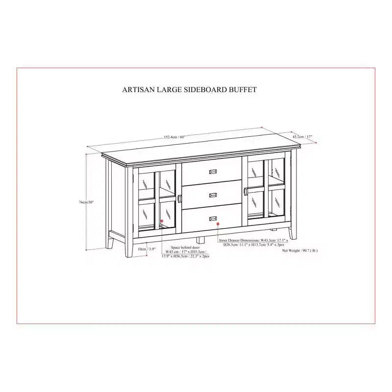 Grand buffet en bois massif roux, 3 tiroirs, 2 placards