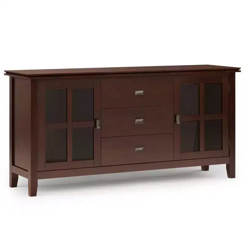 Grand buffet en bois massif roux, 3 tiroirs, 2 placards