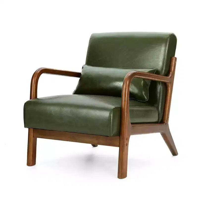 Fauteuil d'appoint en similicuir style Mid-Century Modern avec cadre en bois d'hévéa couleur noyer