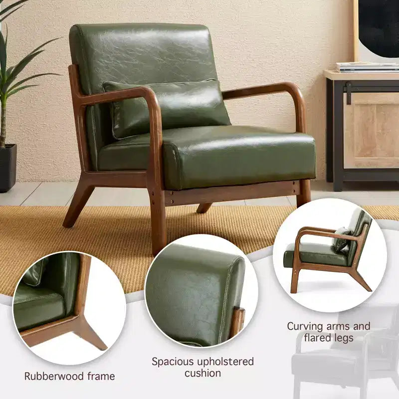 Fauteuil d'appoint en similicuir style Mid-Century Modern avec cadre en bois d'hévéa couleur noyer