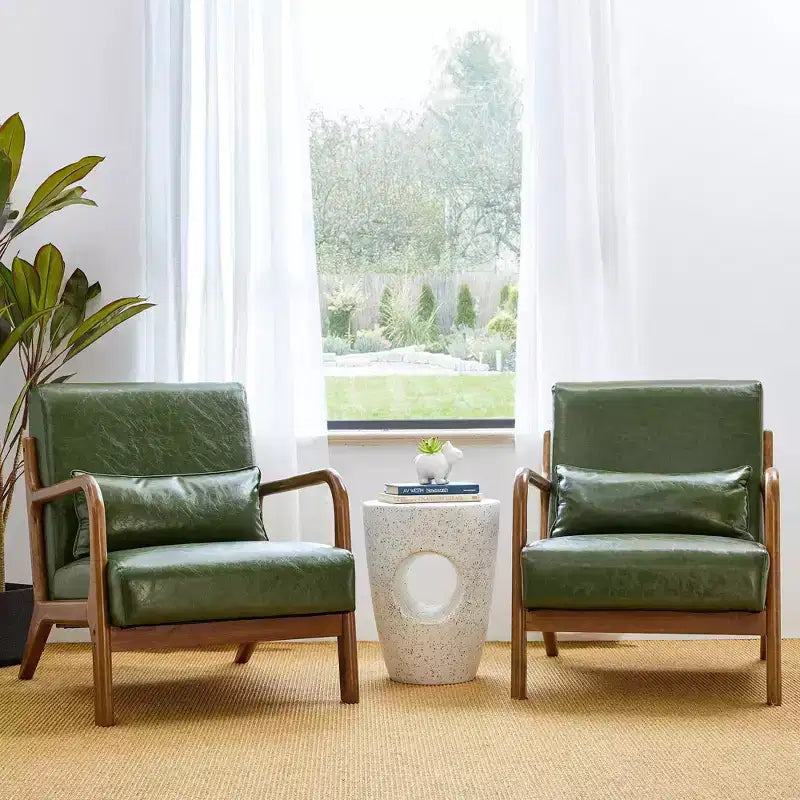 Fauteuil d'appoint en similicuir style Mid-Century Modern avec cadre en bois d'hévéa couleur noyer