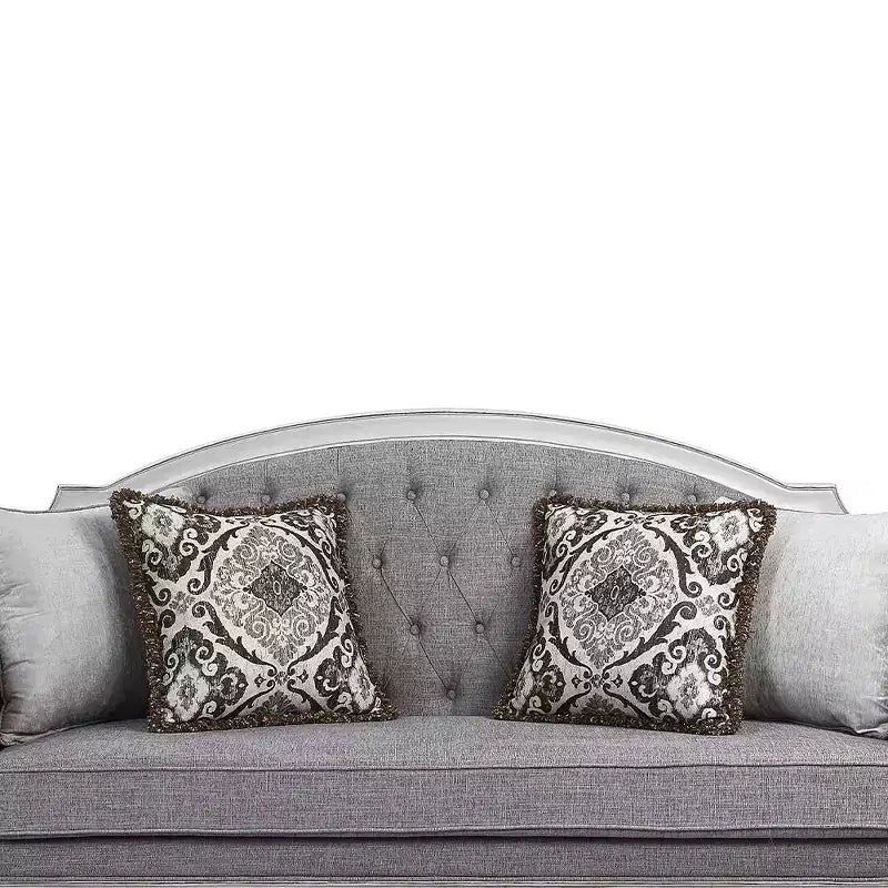 Canapé en tissu gris et revêtement en cuir finition blanc antique