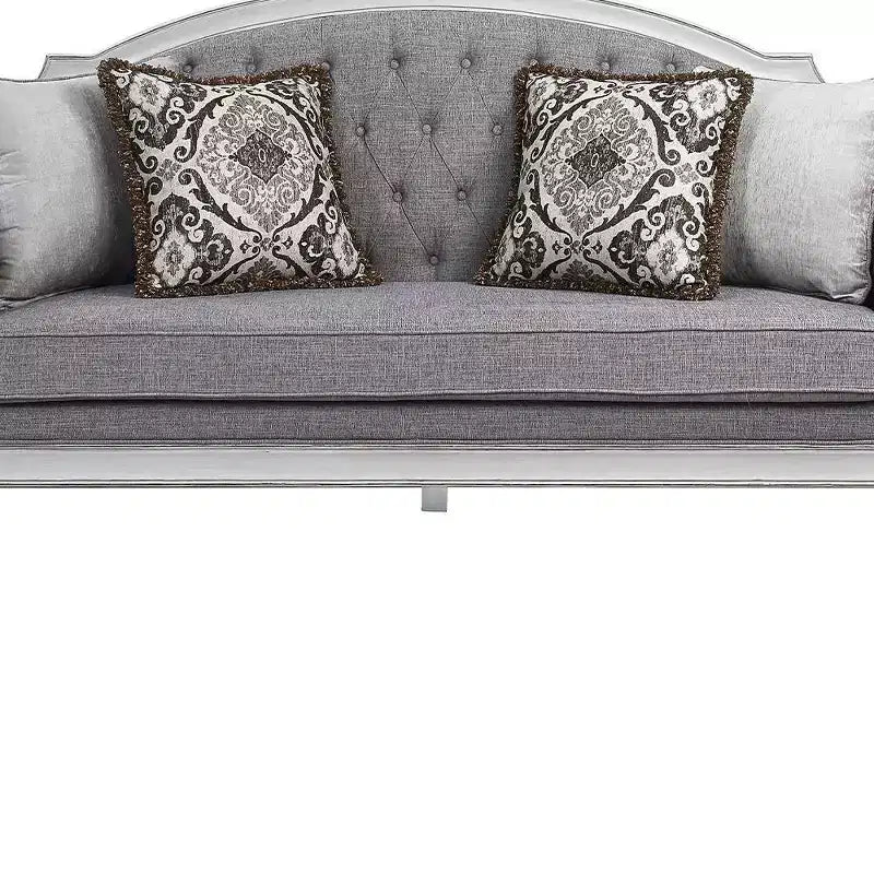 Canapé en tissu gris et revêtement en cuir finition blanc antique