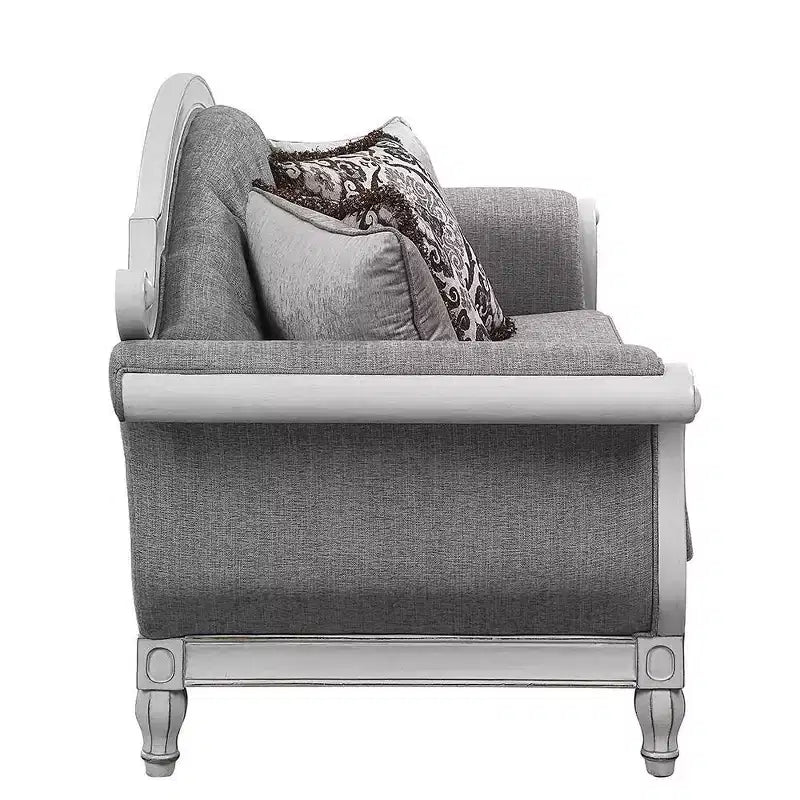 Canapé en tissu gris et revêtement en cuir finition blanc antique