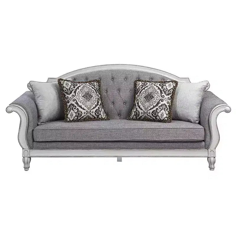 Canapé en tissu gris et revêtement en cuir finition blanc antique