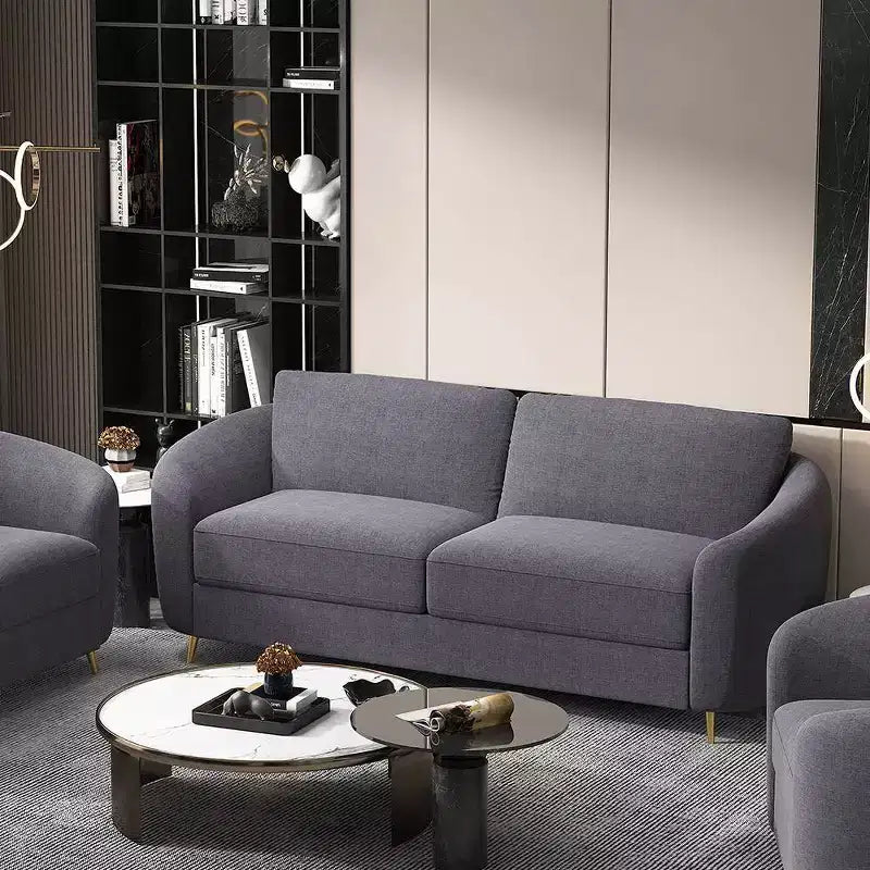 Canapé en tissu gris avec pieds en métal chromé, ressorts ensachés