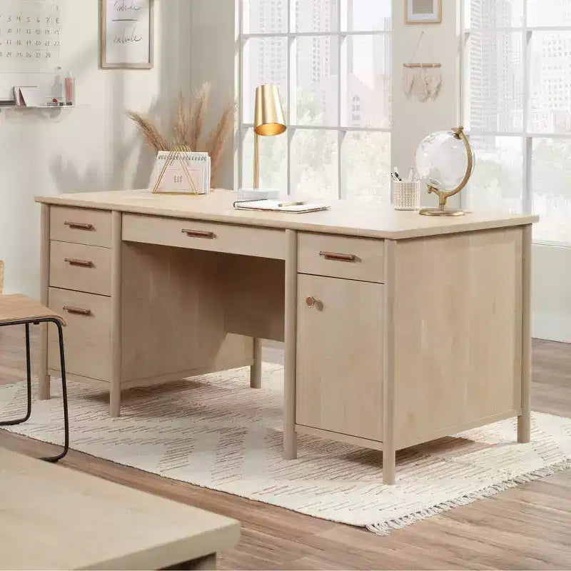 Bureau de direction en érable naturel pour bureau à domicile avec rangement
