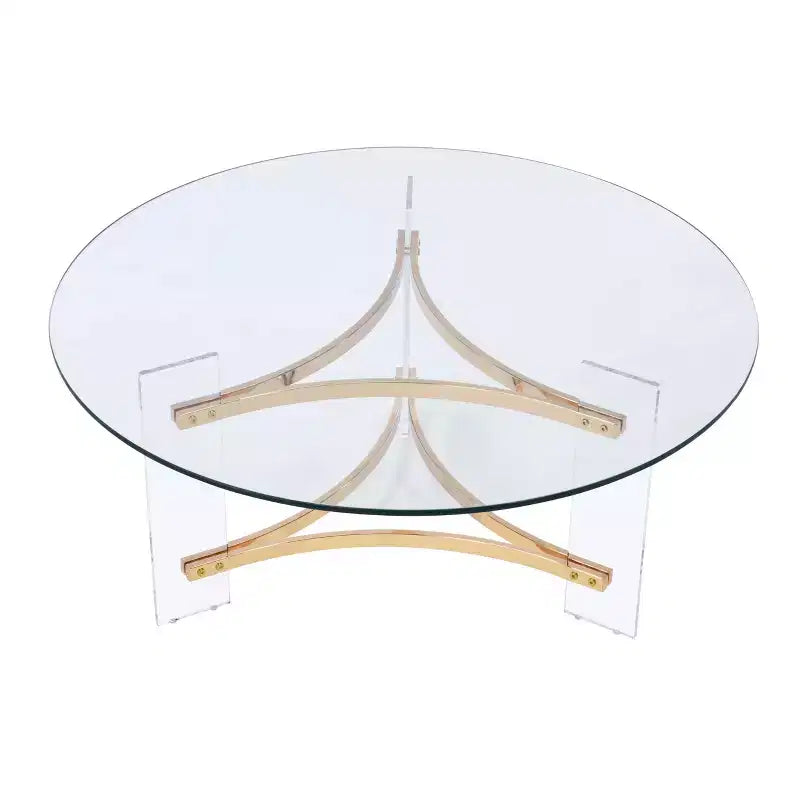 Table basse finition or ronde moderne dessus en verre trempé