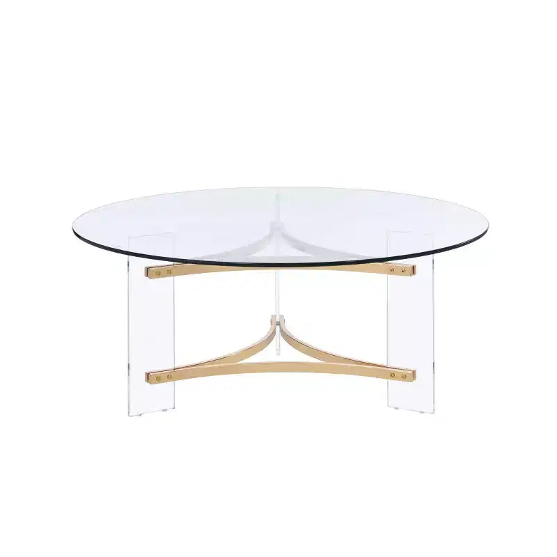 Table basse finition or ronde moderne dessus en verre trempé