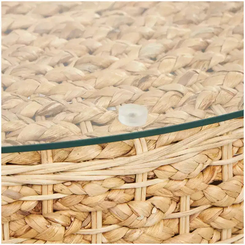 Table basse conique en rotin tressé fait main avec plateau en verre