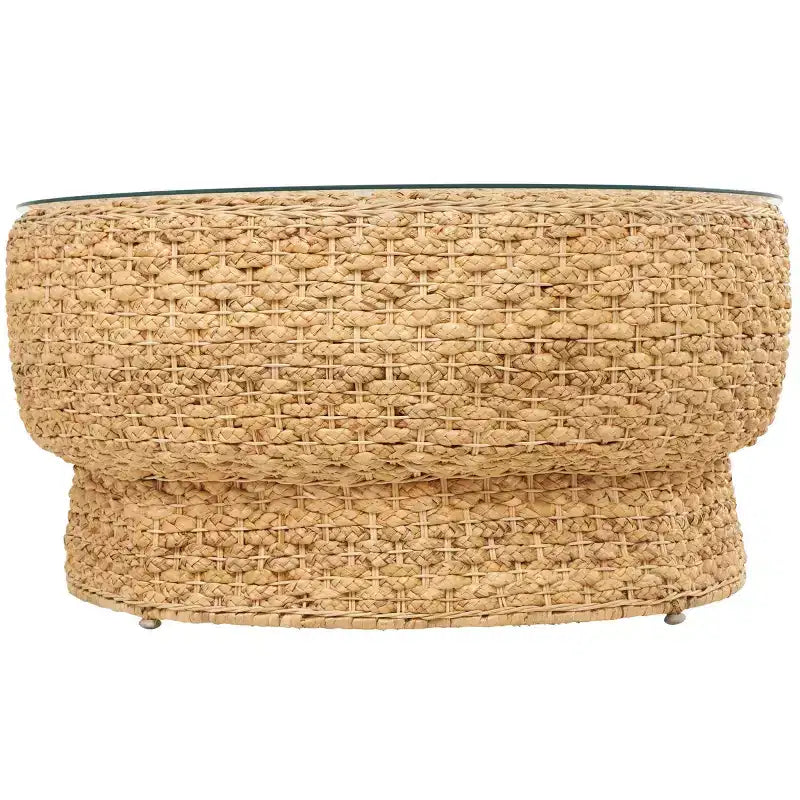 Table basse conique en rotin tressé fait main avec plateau en verre