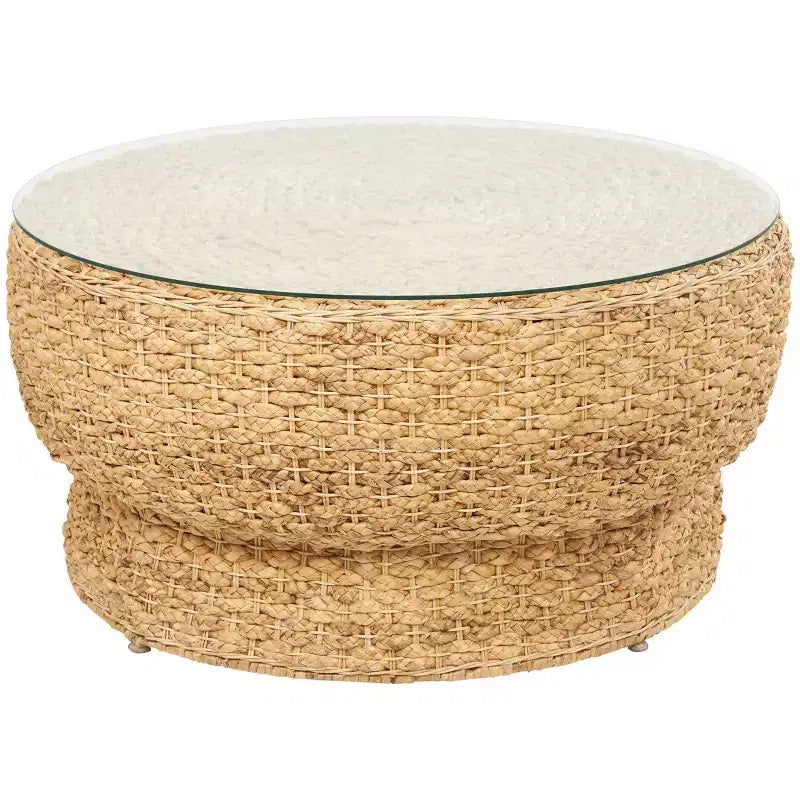 Table basse conique en rotin tressé fait main avec plateau en verre