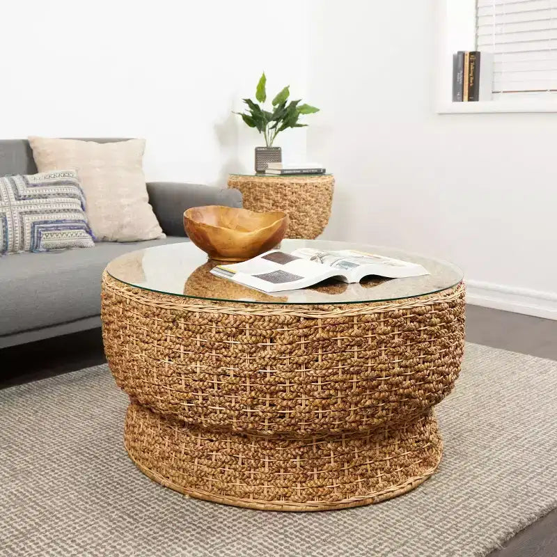 Table basse conique en rotin tressé fait main avec plateau en verre