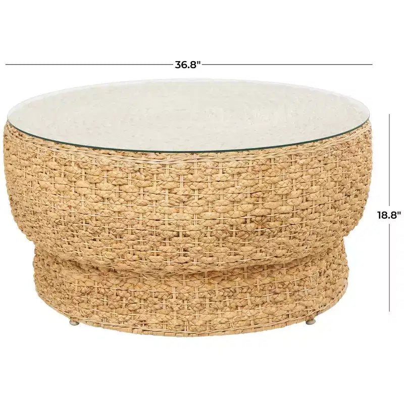 Table basse conique en rotin tressé fait main avec plateau en verre