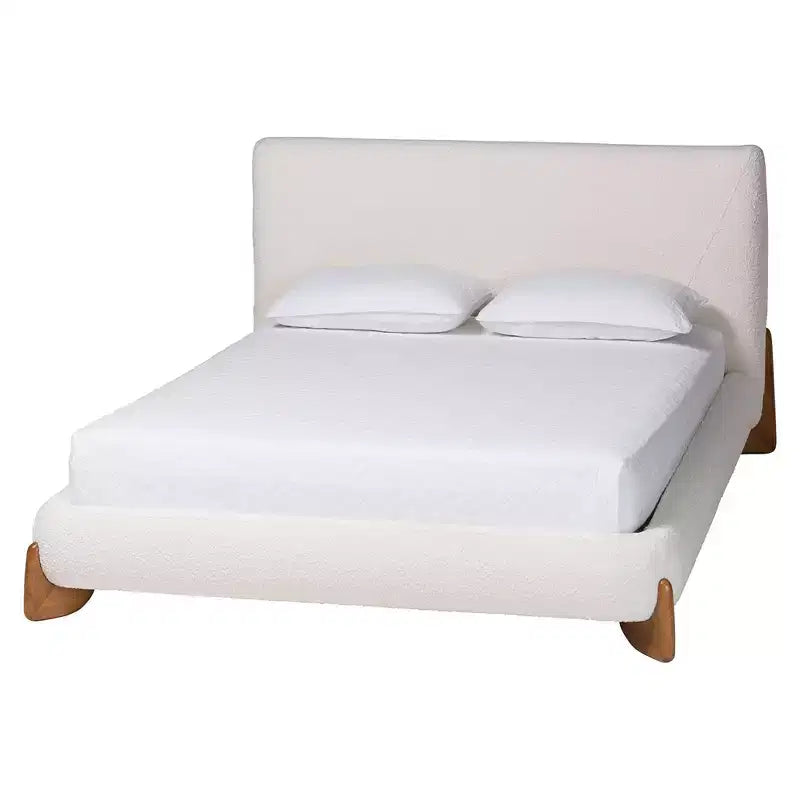 Lit plateforme en bouclette crème/noyer