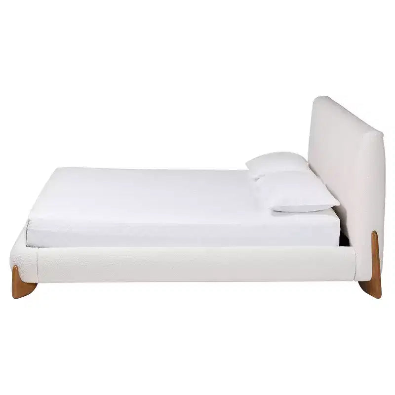 Lit plateforme en bouclette crème/noyer