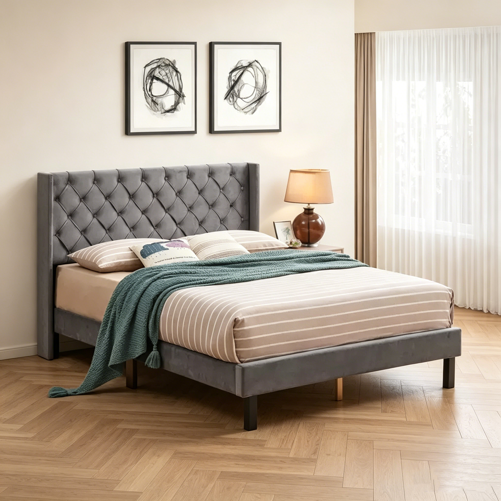 Lit plateforme capitonné en velours