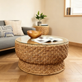Table basse conique en rotin tressé fait main avec plateau en verre