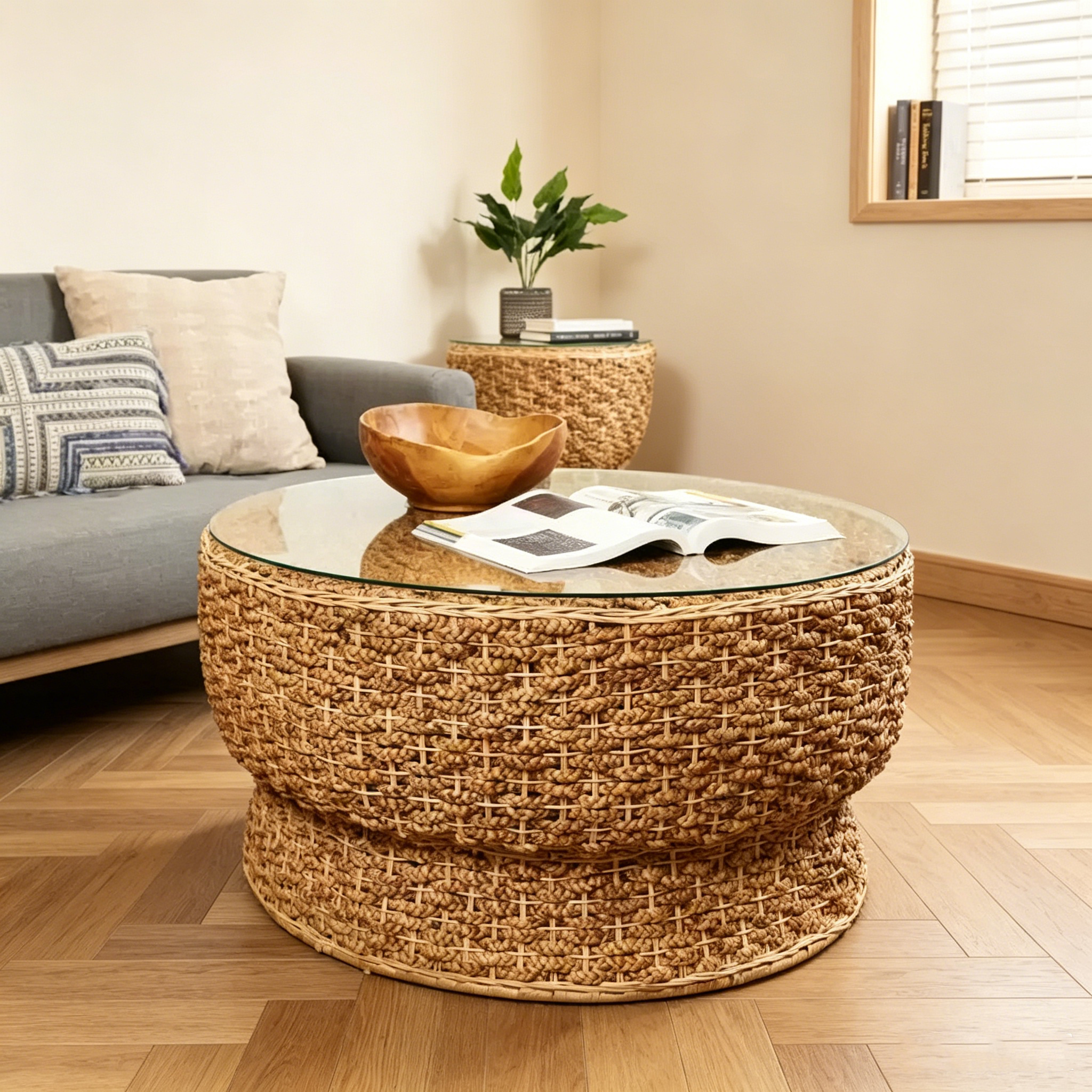 Table basse conique en rotin tressé fait main avec plateau en verre