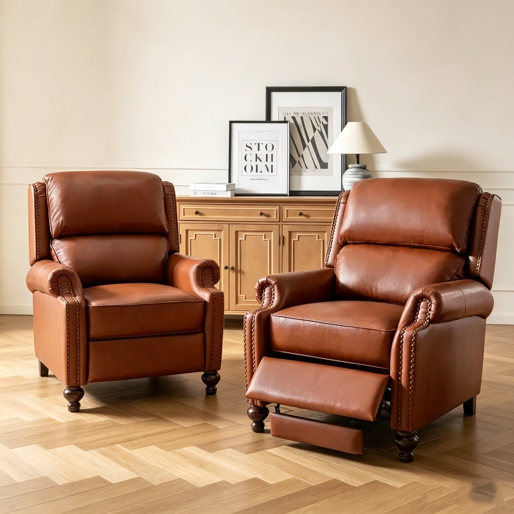 Fauteuil inclinable moderne en cuir véritable à dossier haut avec garniture cloutée vintage