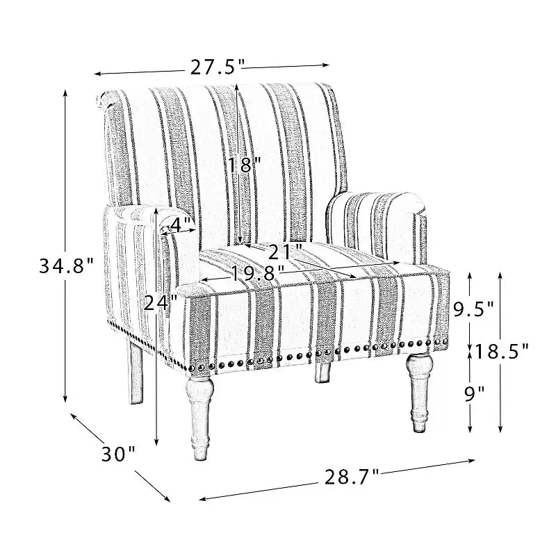 Fauteuil de chambre en bois tapissé avec clous décoratifs et motif rayé unique