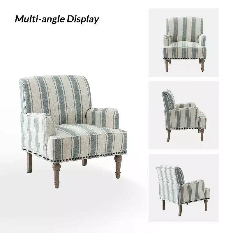 Fauteuil de chambre en bois tapissé avec clous décoratifs et motif rayé unique