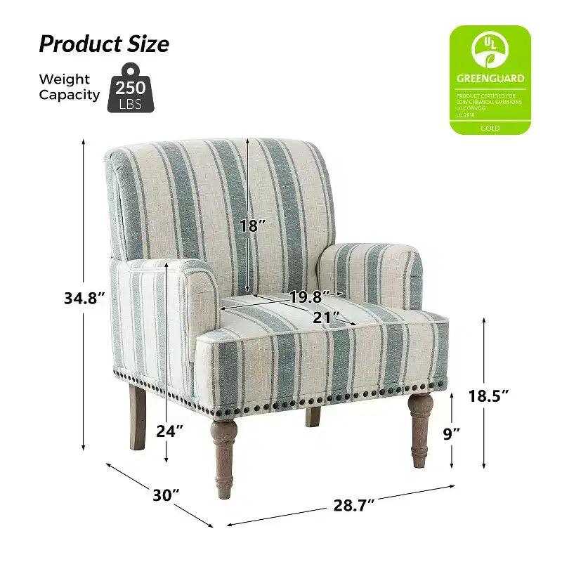 Fauteuil de chambre en bois tapissé avec clous décoratifs et motif rayé unique