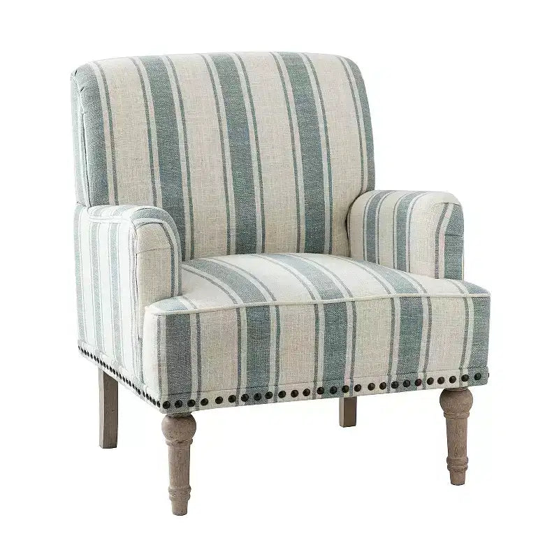 Fauteuil de chambre en bois tapissé avec clous décoratifs et motif rayé unique