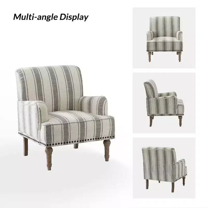 Fauteuil de chambre en bois tapissé avec clous décoratifs et motif rayé unique
