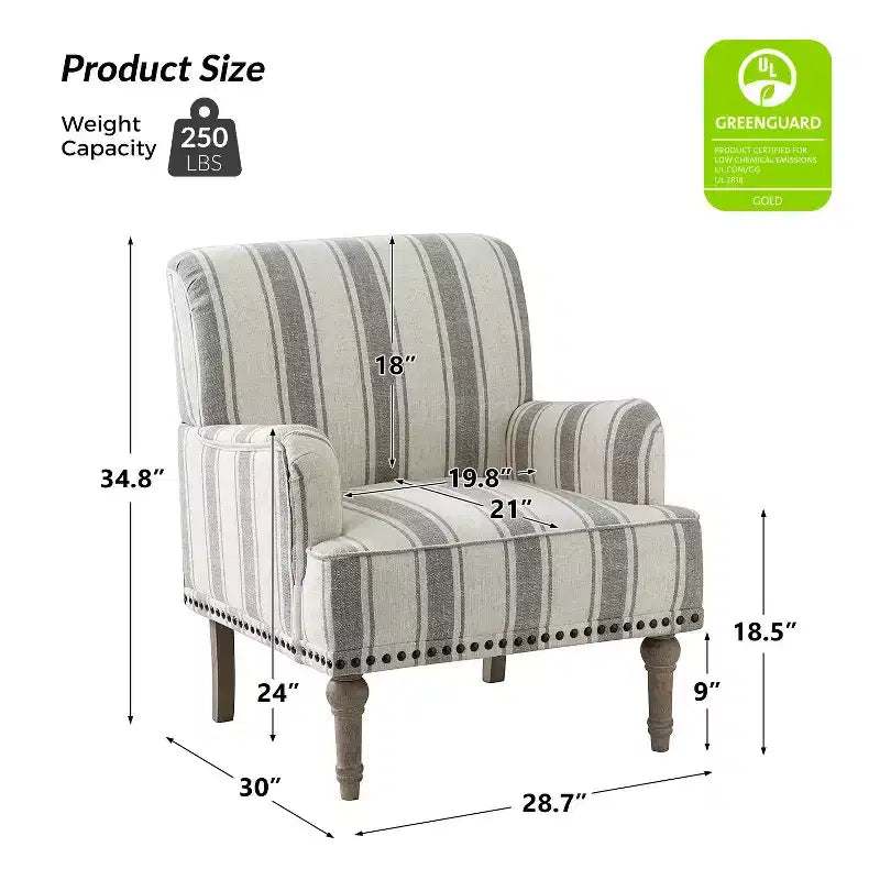Fauteuil de chambre en bois tapissé avec clous décoratifs et motif rayé unique