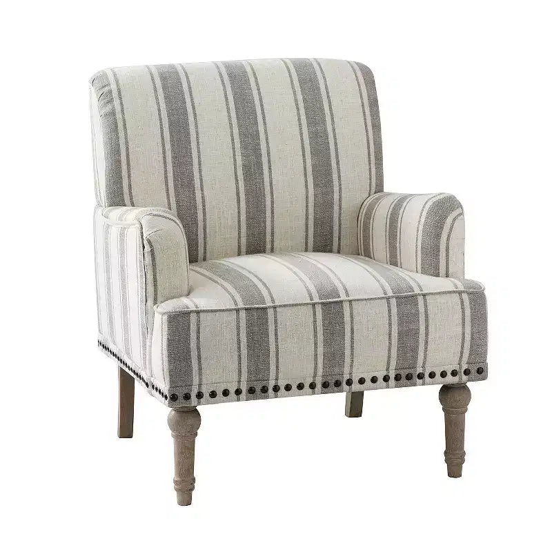 Fauteuil de chambre en bois tapissé avec clous décoratifs et motif rayé unique