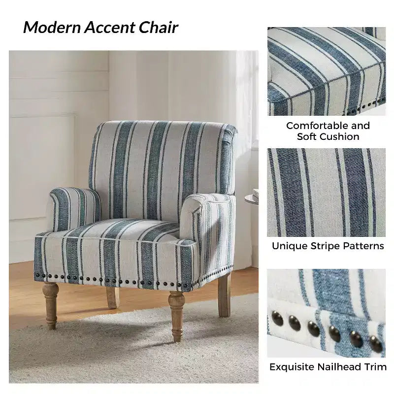 Fauteuil de chambre en bois tapissé avec clous décoratifs et motif rayé unique