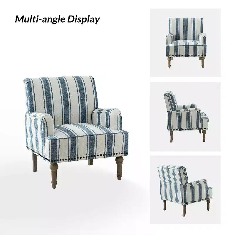 Fauteuil de chambre en bois tapissé avec clous décoratifs et motif rayé unique