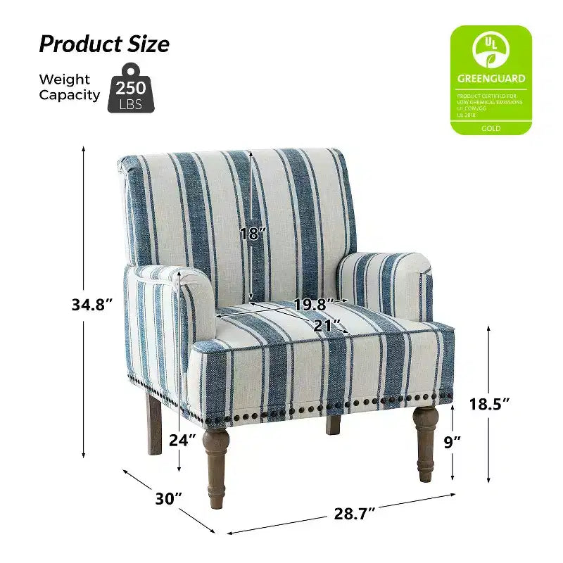 Fauteuil de chambre en bois tapissé avec clous décoratifs et motif rayé unique