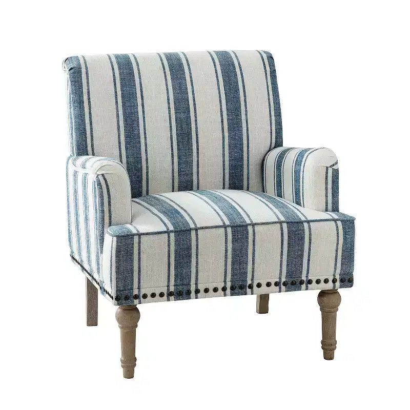 Fauteuil de chambre en bois tapissé avec clous décoratifs et motif rayé unique