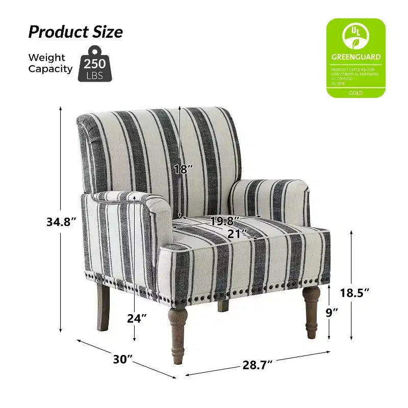 Fauteuil de chambre en bois tapissé avec clous décoratifs et motif rayé unique