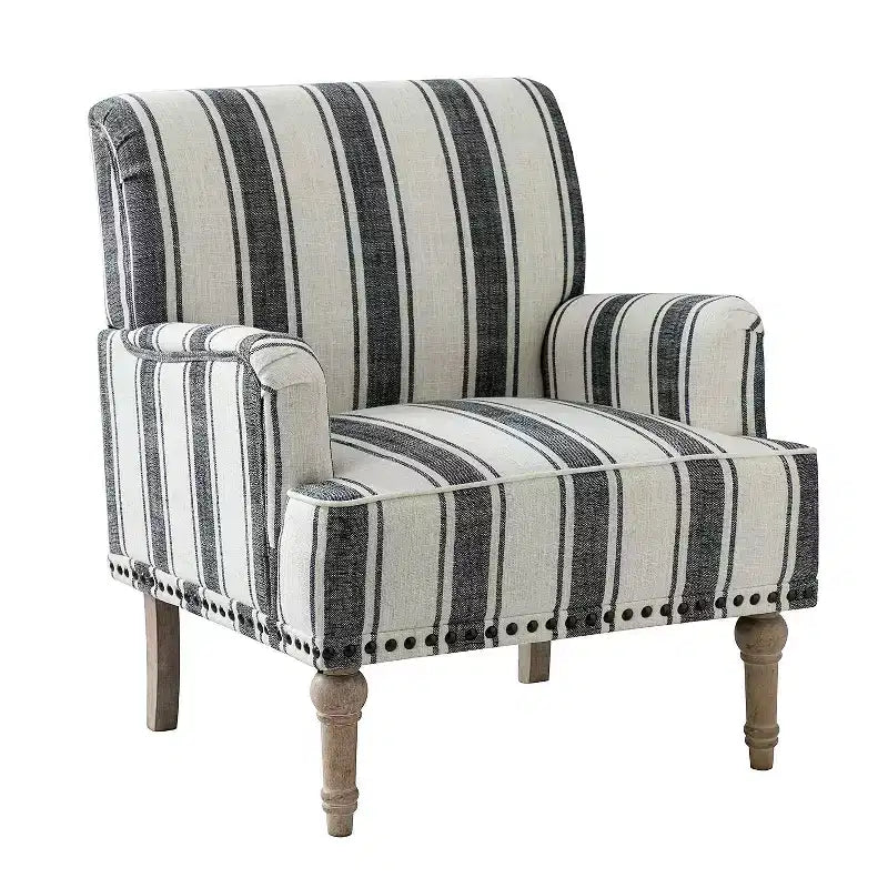Fauteuil de chambre en bois tapissé avec clous décoratifs et motif rayé unique
