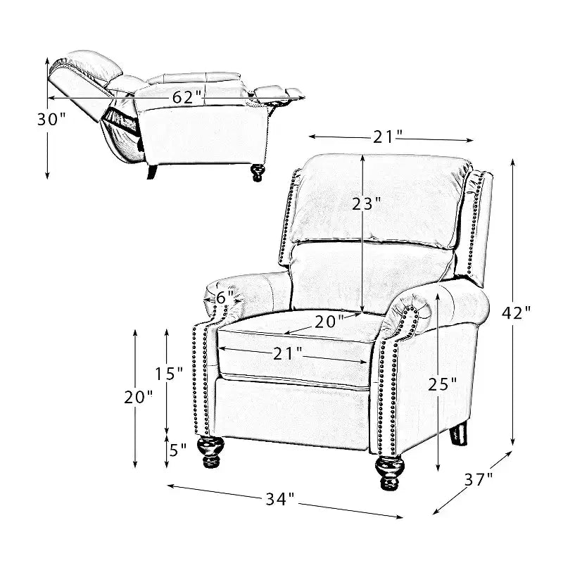 Fauteuil inclinable moderne en cuir véritable à dossier haut avec garniture cloutée vintage
