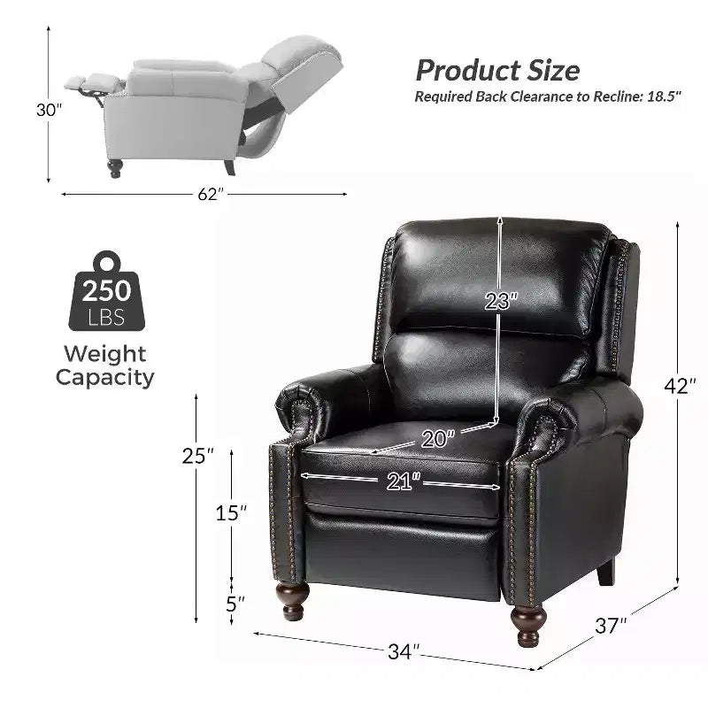 Fauteuil inclinable moderne en cuir véritable à dossier haut avec garniture cloutée vintage