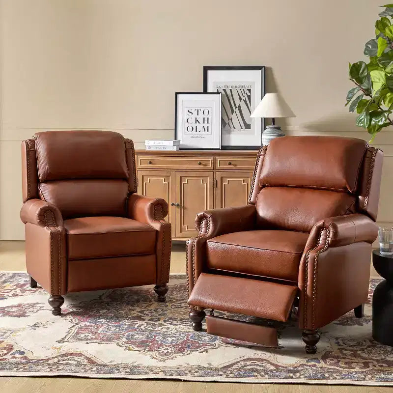 Fauteuil inclinable moderne en cuir véritable à dossier haut avec garniture cloutée vintage