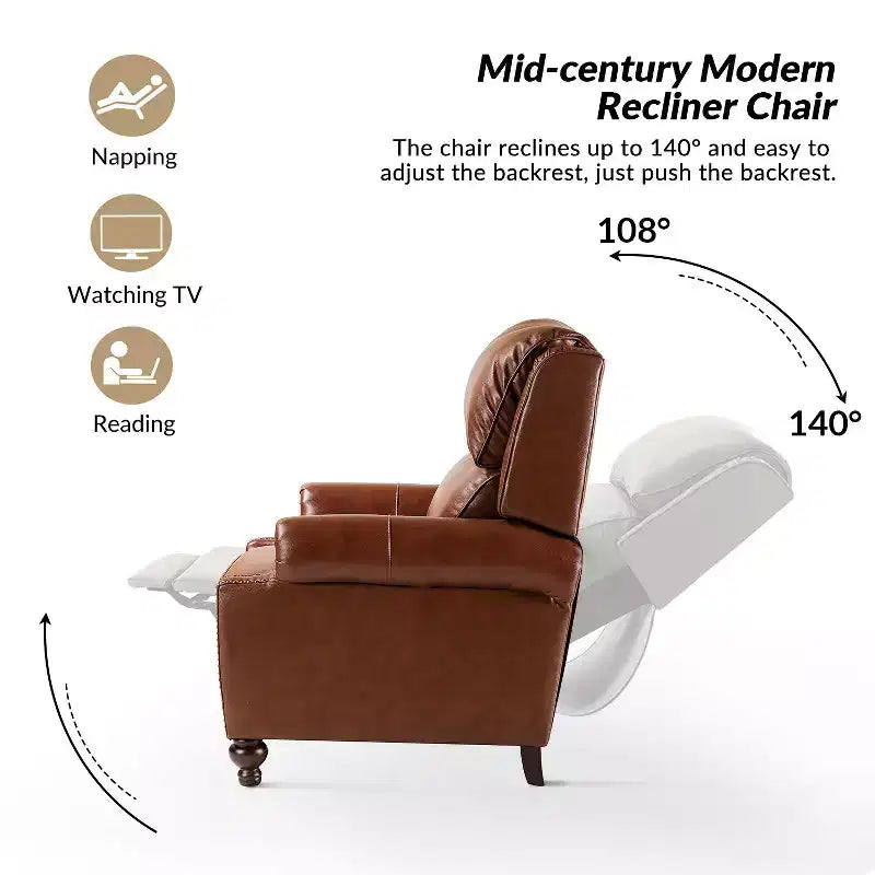 Fauteuil inclinable moderne en cuir véritable à dossier haut avec garniture cloutée vintage