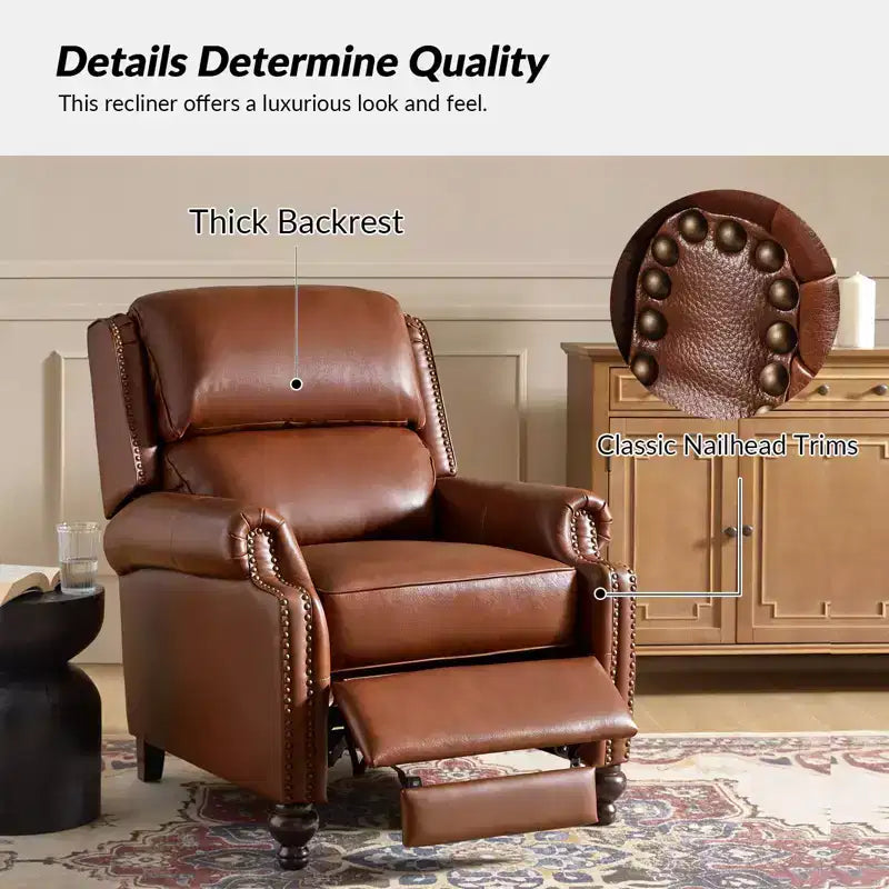 Fauteuil inclinable moderne en cuir véritable à dossier haut avec garniture cloutée vintage