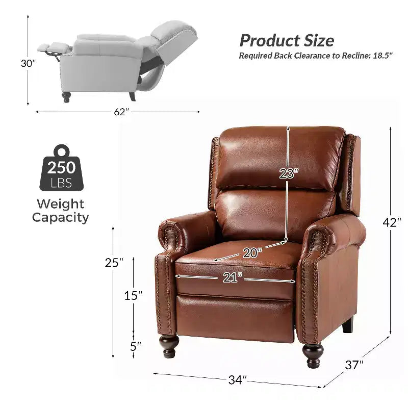 Fauteuil inclinable moderne en cuir véritable à dossier haut avec garniture cloutée vintage