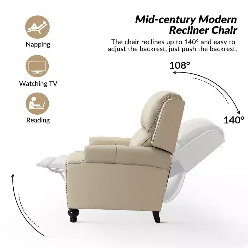 Fauteuil inclinable moderne en cuir véritable à dossier haut avec garniture cloutée vintage
