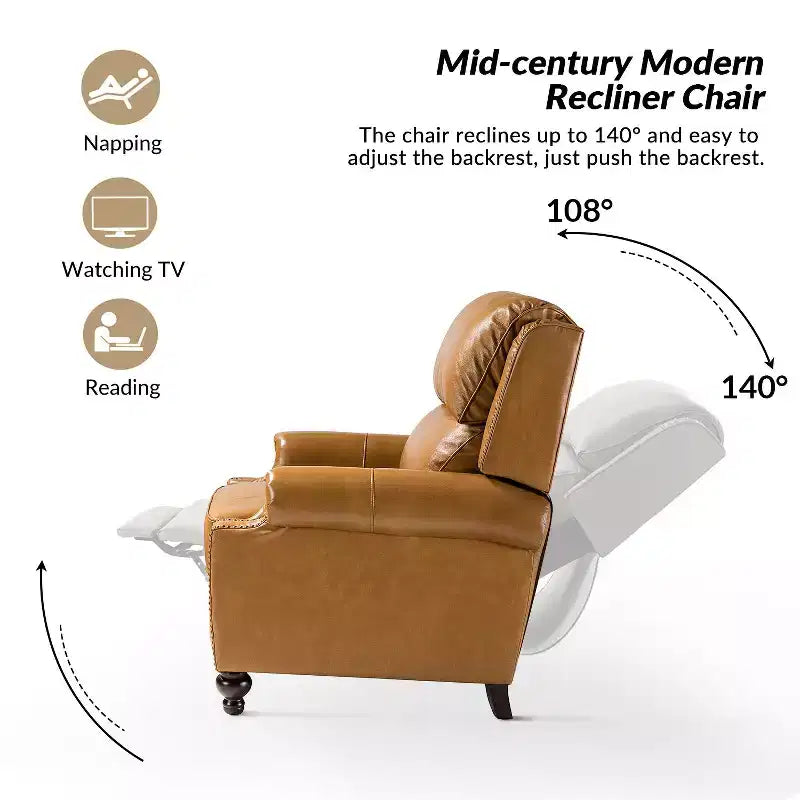 Fauteuil inclinable moderne en cuir véritable à dossier haut avec garniture cloutée vintage