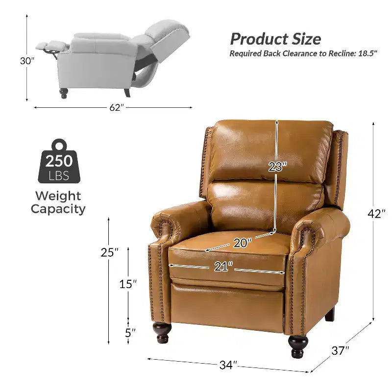Fauteuil inclinable moderne en cuir véritable à dossier haut avec garniture cloutée vintage