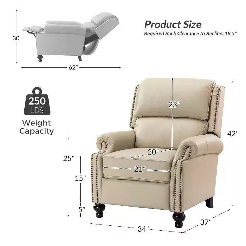 Fauteuil inclinable moderne en cuir véritable à dossier haut avec garniture cloutée vintage
